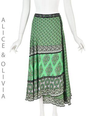 ALICE & OLIVIA Green Bandanna Print Asymmetrical Wrap Skirt, SIZE 10 NWT